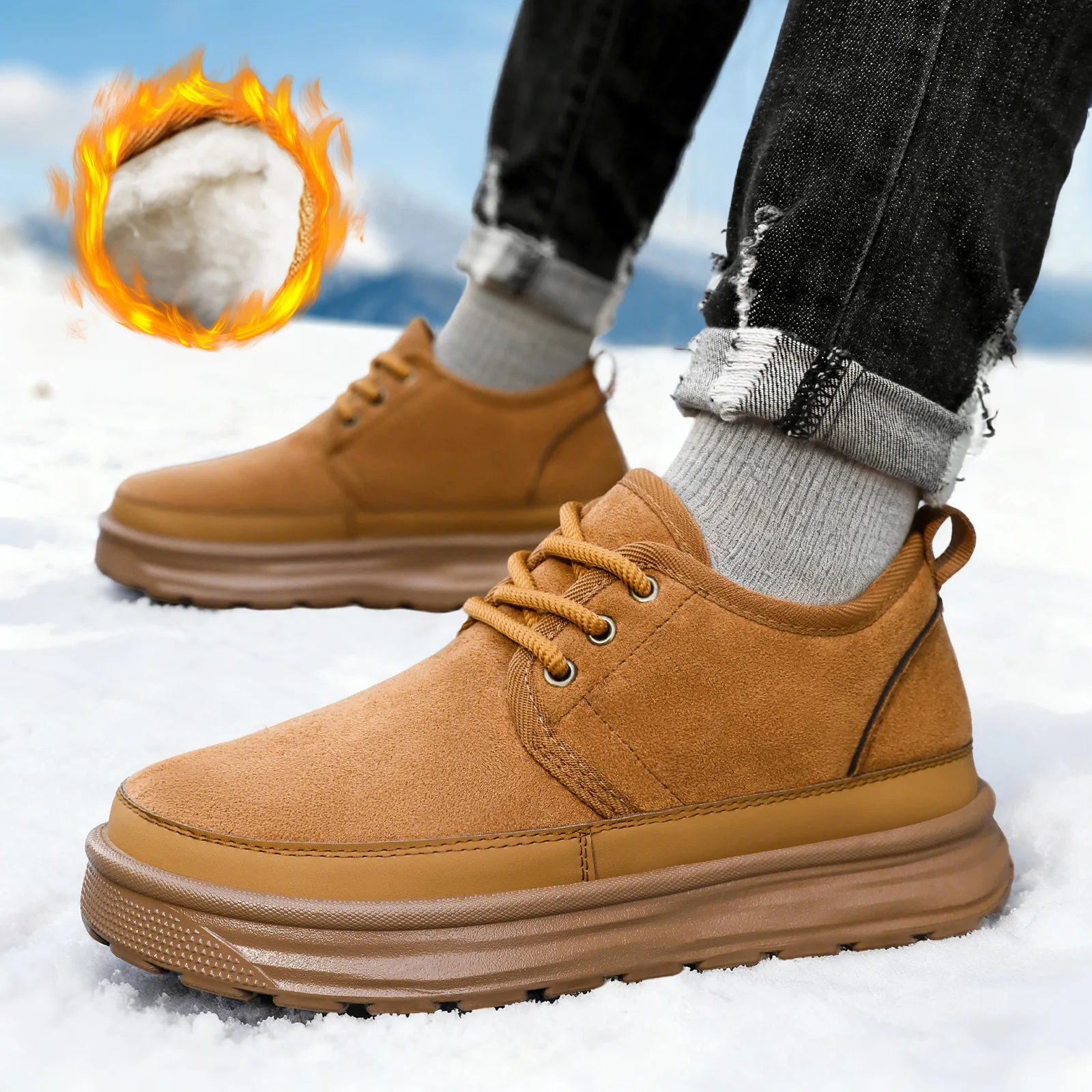

Men's winter cotton shoes with fleece and thickened lace-up, casual and versatile, anti-slip and warm snow boots