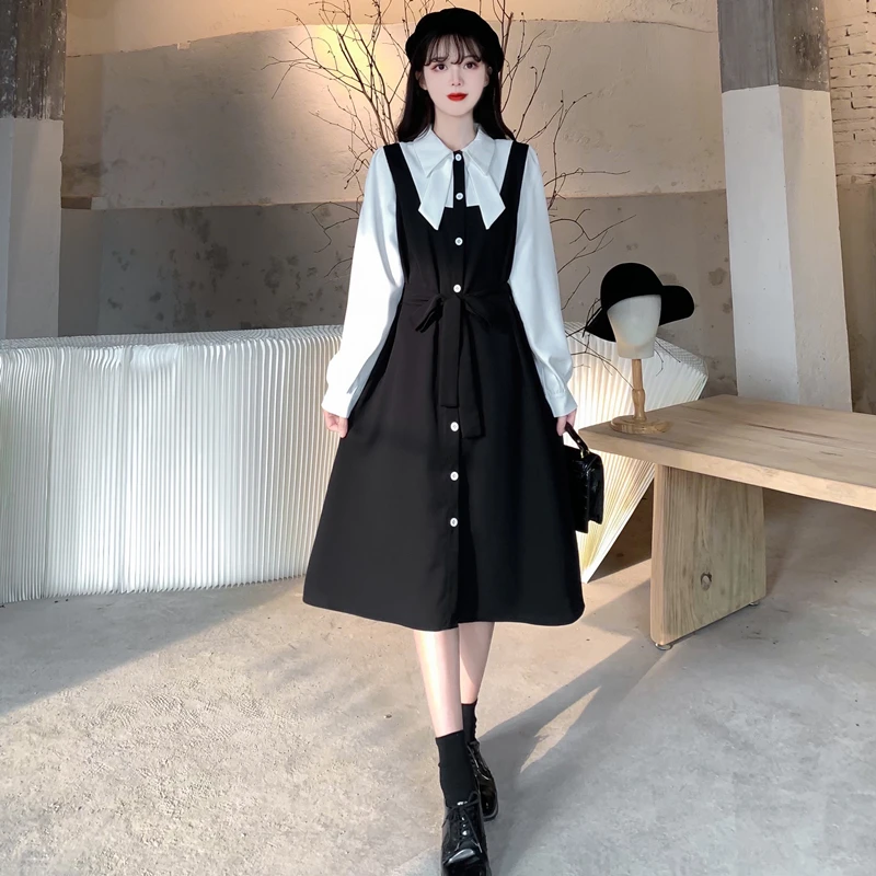 Women Autumn Fake Two Piece Black White Dress Long Sleeve Sweet Bow Collar Elegant Chic  Dresses Female Fall Clothing Vestido