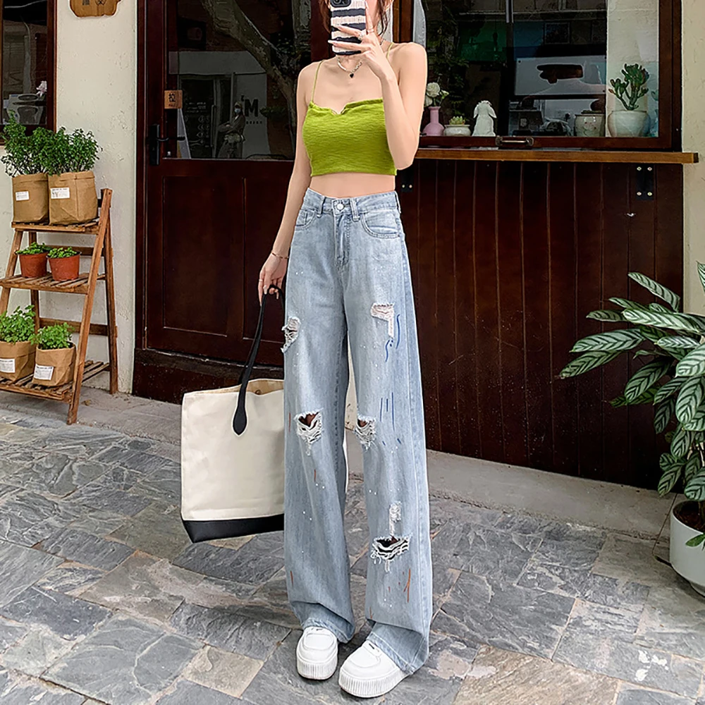 

Women's New Broken Holes Light Color Loose Jean Summer Autumn New High Waist Wide Leg Jeans Slim Straight Leg Floor Towers