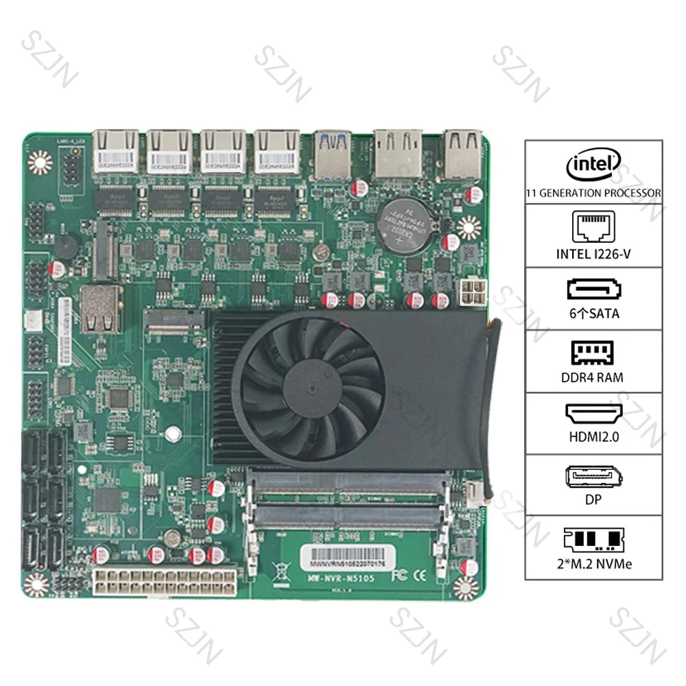 DIY ITX N5105 Motherboard NAS Home 4 Cores 4 Threads Low Power Consumption 4x2.5GbE 2xM.2 6xSATA Slot BK NVR N5105