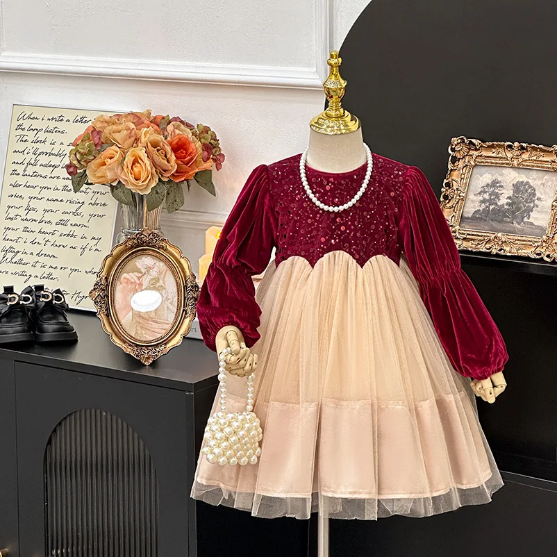 Autumn Winter Children Girls Dress Plus Velve Fluffy Gauze Kids Girls Birthday Dress Shinny Spliced Baby Girls Princess Dress