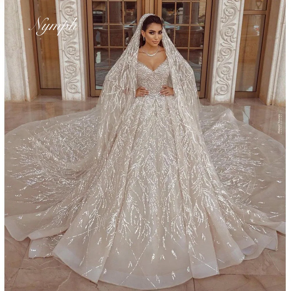 Customized Ball Gown V Neck Arabia Wedding Dresses Sparkly Glitter Long Sleeve Sequin Beaded Evening Bridal Gowns Sweep Train