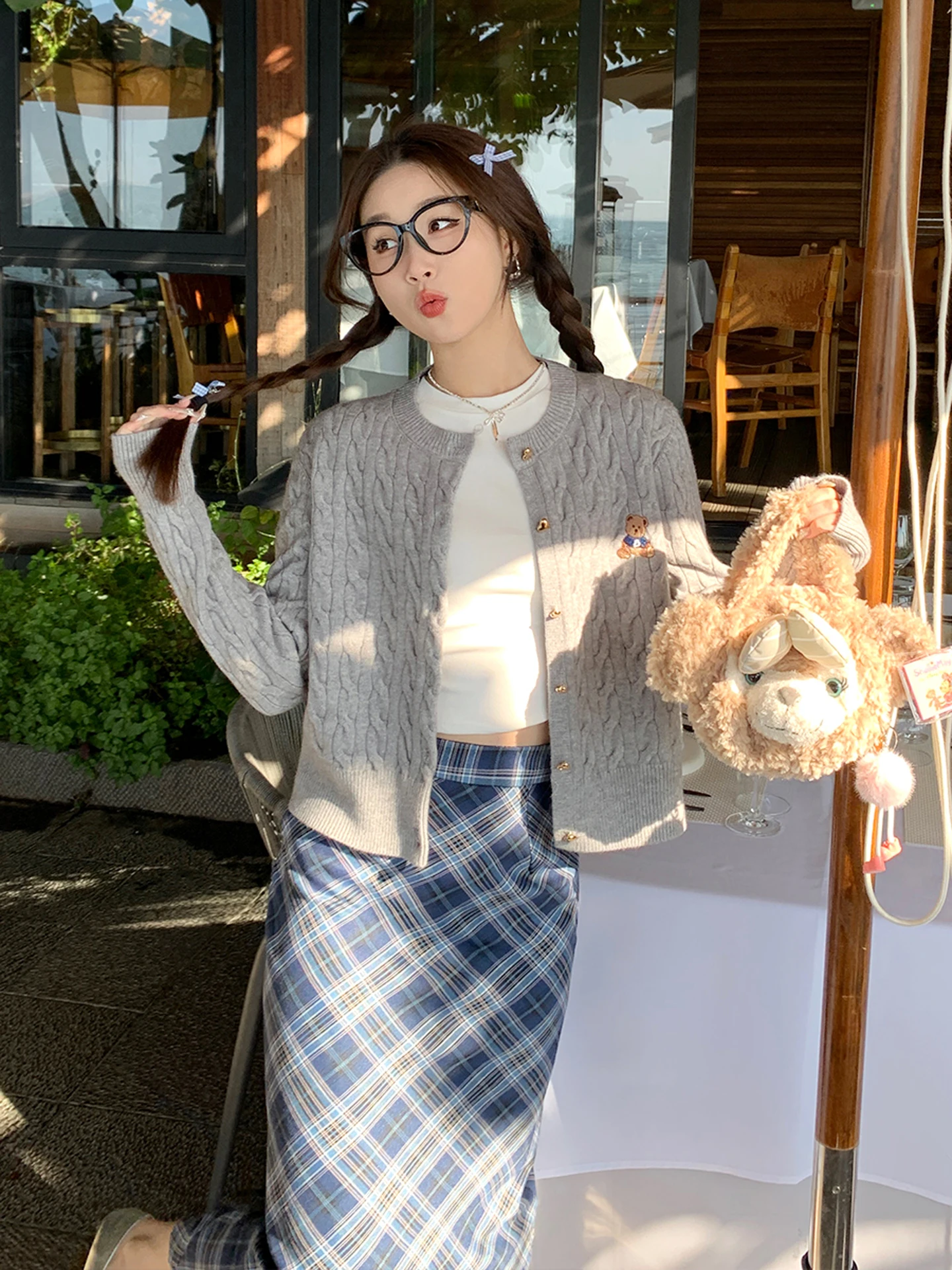 니트 가디건 여성용 가을 겨울 신상 슬레 베어 자수 트위스트 스웨터 대학 스타일 캐주얼 루즈핏 롱 스웨터