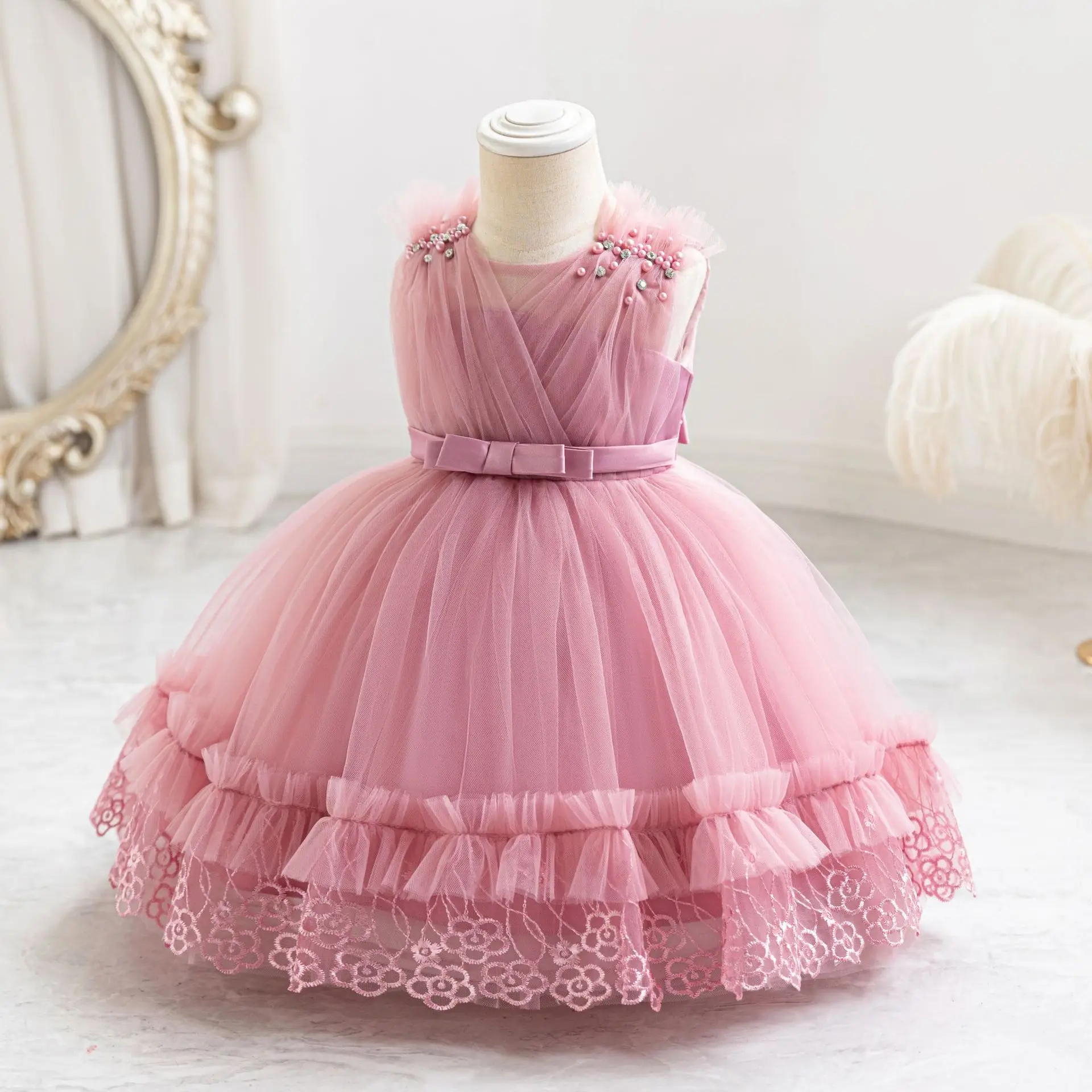 HETISO Summer Baby Dresses Pearls Lace 1st Birthday Dress for Toddler Wedding Party Gown vestido infantil menina 0 2 4 Years