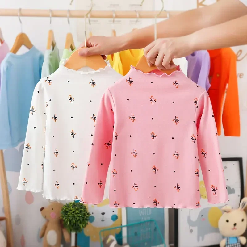 

Spring Autumn Girls Print Turtleneck T-Shirt Children's Cotton Long-Sleeve Basic Shirts Baby Kids Clothes New Top Tees