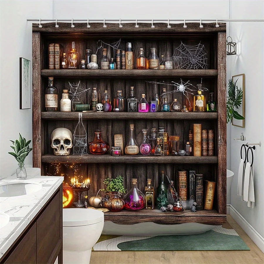 Halloween-Themed Rustic Bookshelf Shower Curtain - Vintage Potion Bottles, Skull, Glowing Jack-o-Lantern