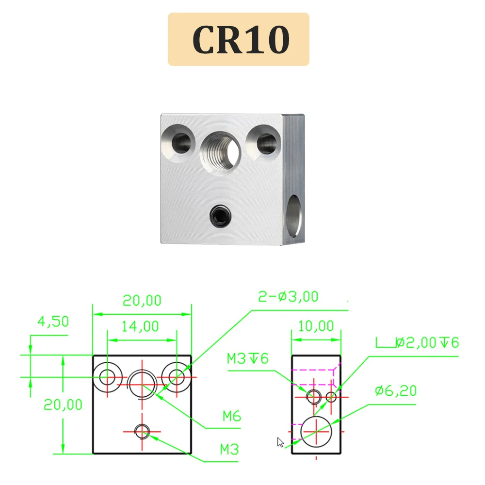 Blocco termico in alluminio CR10 vulcano PT100 V6 blocco riscaldato per stampante 3D Ender-3 S1 Pro CR10 Pro CR6 SE Elegoo ANYCUBIC