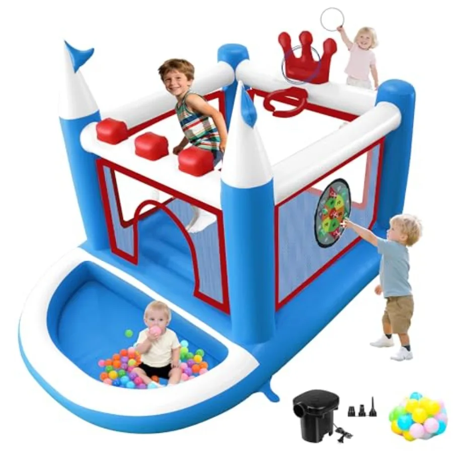 

Надувной батут с бассейном для шариков, баскетбольным кольцом, играми с мишенью и кольцебросом, из ПВХ, с электрическим насосом, 98x70x65 см