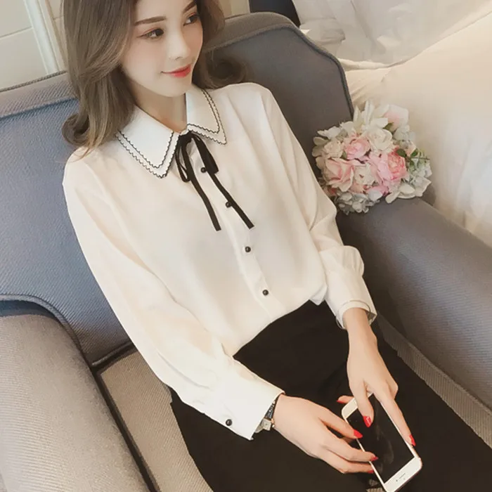 

Women's Chiffon White irt Design Sensation Small Cro College Sle Fce Lined Base Top Autumn Winter New Arrival