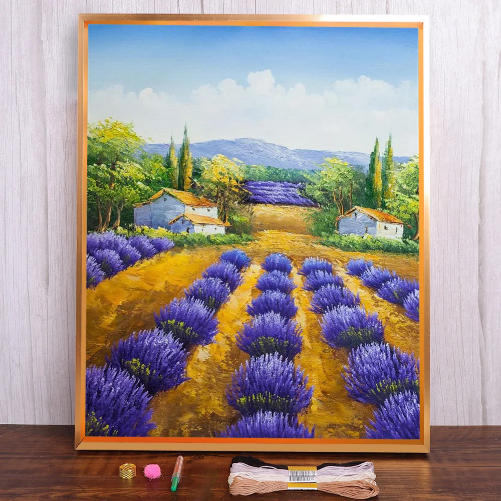 

Landscape Lavender Field Cross-Stitch Full Kit DIY Embroidery Knitting Handiwork Handmade Needlework Mulina Home Decor Sales