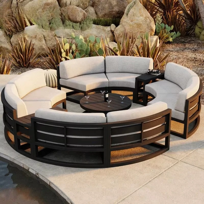 Customized Modern Aluminum Outdoor Dining Sofa Set with Full Curved Design for Courtyard Garden Patio