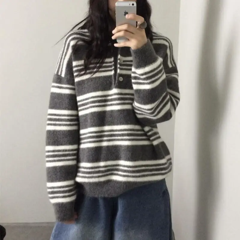 

Women's Thicken Stripe Sweater Cardigan Knitwear Pullover Long Sleeves Knitted Girl's Autumn Winter Korean Style Polo Collar Top