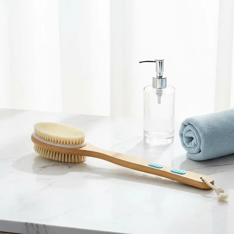 Bristle Shower Brush with Non-slip Long Wooden Handle Exfoliating Massage Scrubber for Back Foot Body Bathing