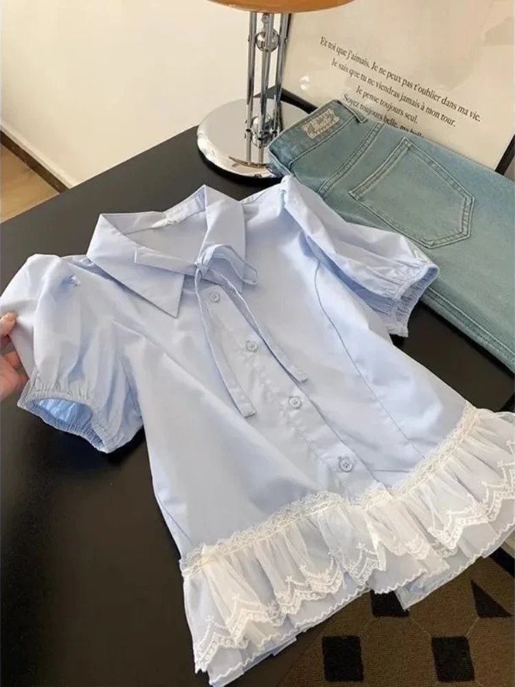 Girls 2026 New French Style Blue Lace Hem Short Sleeve Blouse Elegant High End Look Light Luxury Trendy Kids Top for Summer