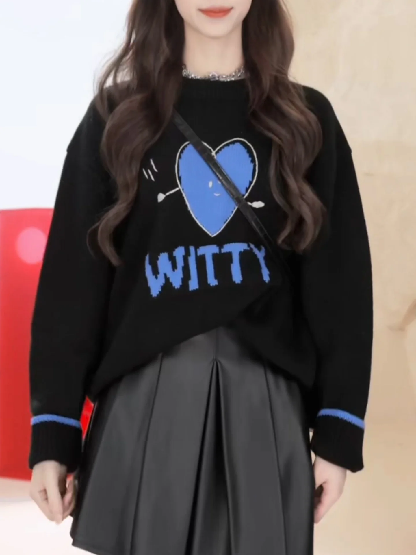 

Bla Knitted Sweater Women's Long Sve round Ne Letter Pattern Heart Design Casual Fun Slimming Top College Sle