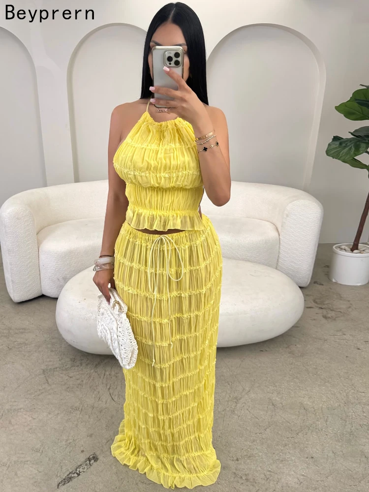 

Beyprern Chic Backless Mesh Textured Two-Piece Dresses Yellow Holiday Outfits Womens Ruched Beach Cover-Up Dress Set Swimsuits