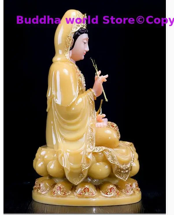 High grade Yellow jade gilding Guanyin Buddha home Temple efficacious Talisman Mascot carving Sculpture statue 30cm