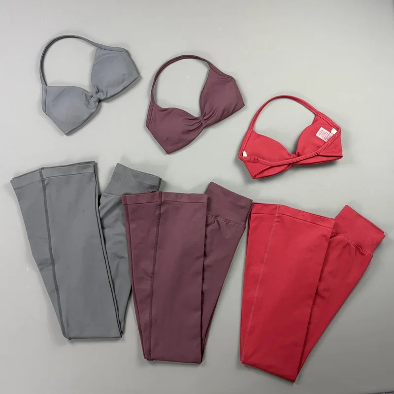 Sexy Women Flare Leggings Set Seamless Hip Lifting Fitness Flared Pants Suit Open Back Gym Strappy Bra Yoga Flares Legging Sets