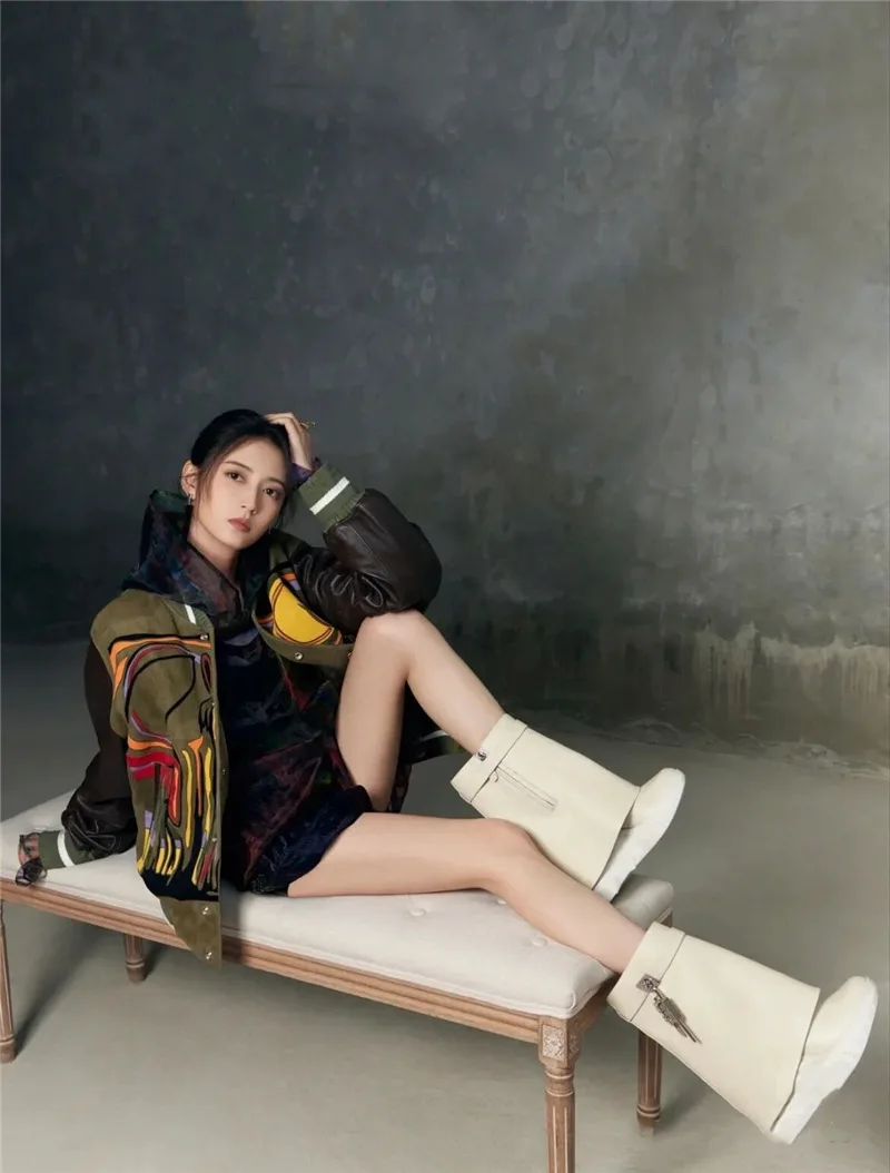 Winter Fashion Design Round Head Lock Shark Buckle Mid Calf Boots Large Size Women Platform Wedges Leather Western Trouser Boots