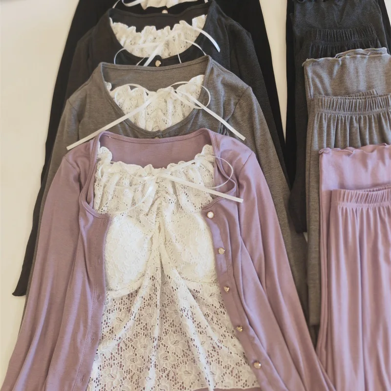 

Spring Autumn Sleepwear For Sleeping Women's Pajamas Set Modal Sweet Lace Long Pants Long Sleeves Chest Pad Top Home Clothes