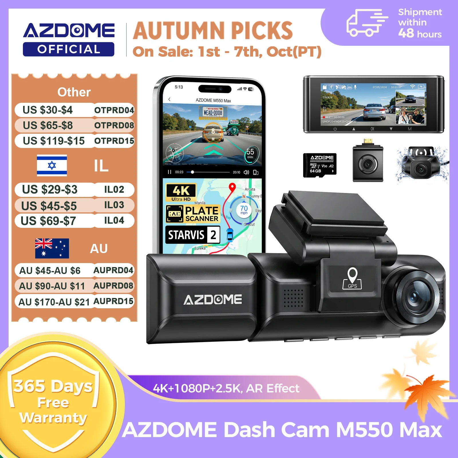 AZDOME 4K Dash Cam M550 Max GPS integrato Wifi Camera DVR per auto Schermo da 3,18 pollici Visione notturna 24 ore Supporto per monitor di parcheggio Cam posteriore