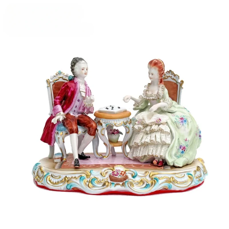 

Glorious European Style Handcrafted Porcelain Lovers Playing Chess Figurine Sculpture Handpainted Royal Nobility Statuette