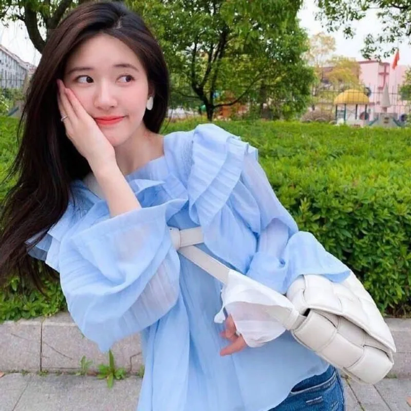 

Women's Sweet Ruffle Doll Blouse Sheer Chiffon Puff Sleeve Loose Fit Shirt