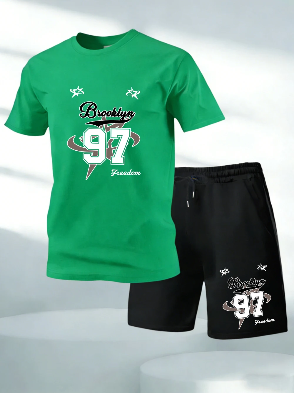 

Two Pieces Set Brooklyn Number 97 Star Prints Cotton T-Shirts Pants Mens Oversized Soft O-Neck Tops High Waisted Pocket Shorts