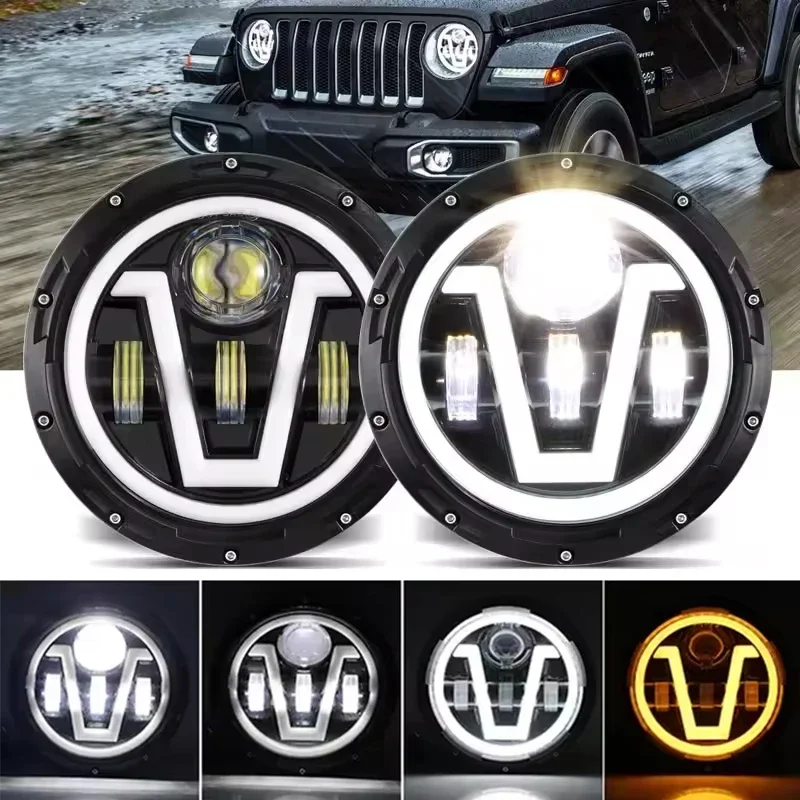 

6000K 7 Inch Moto Headlight DRL Turn SignalAngel Eyes LED Light For Harley Jeep Wrangler Jk Yamaha BMW 7" Round LED Headlamp