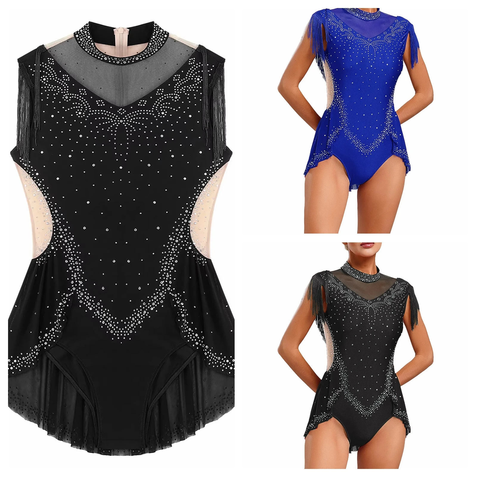 

Женский сетчатый комбинезон с бахромой и юбкой, купальник для лирического фигурного катания, без рукавов, со стразами, для латиноамериканских танцев, балета, гимнастики