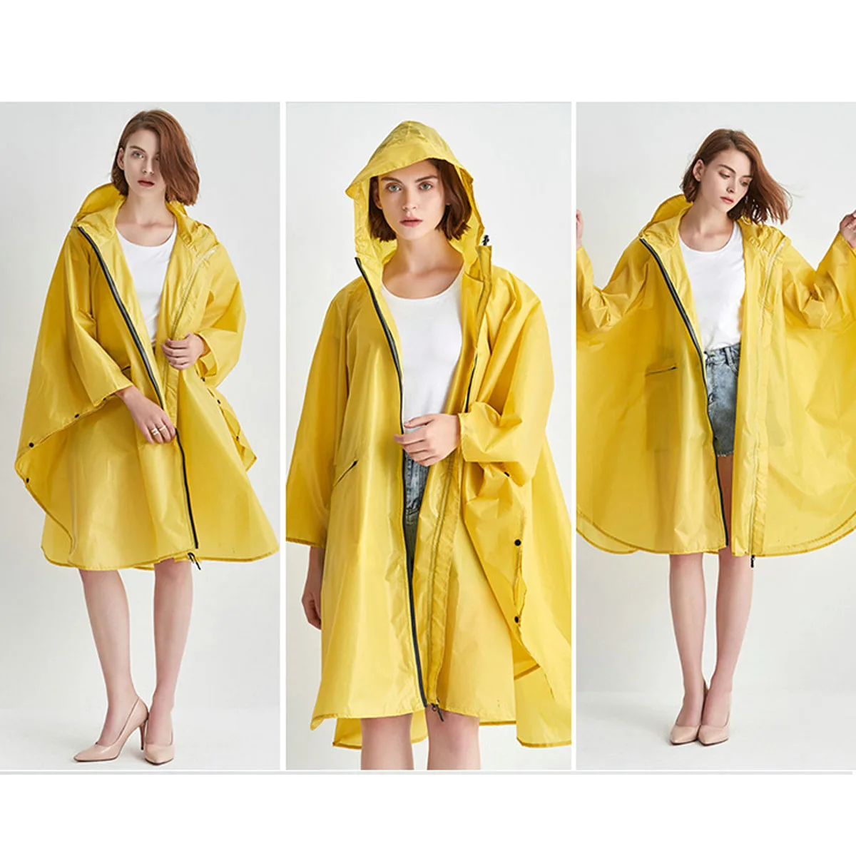 Fashionable Portable Poncho Raincoat Men's and Women's Poncho Backpack Riding 210T Polyester Taffeta Waterproof Zipper Upgrade