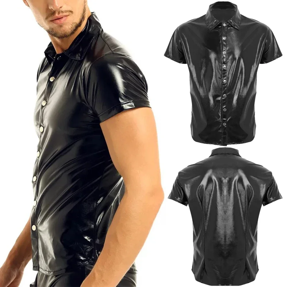 

Black Metallic Faux Leather T Shirt Men Hipster PVC Leather Shirt Sexy Turn Down Collar Short Sleeve Button Up Tshirt Streetwear