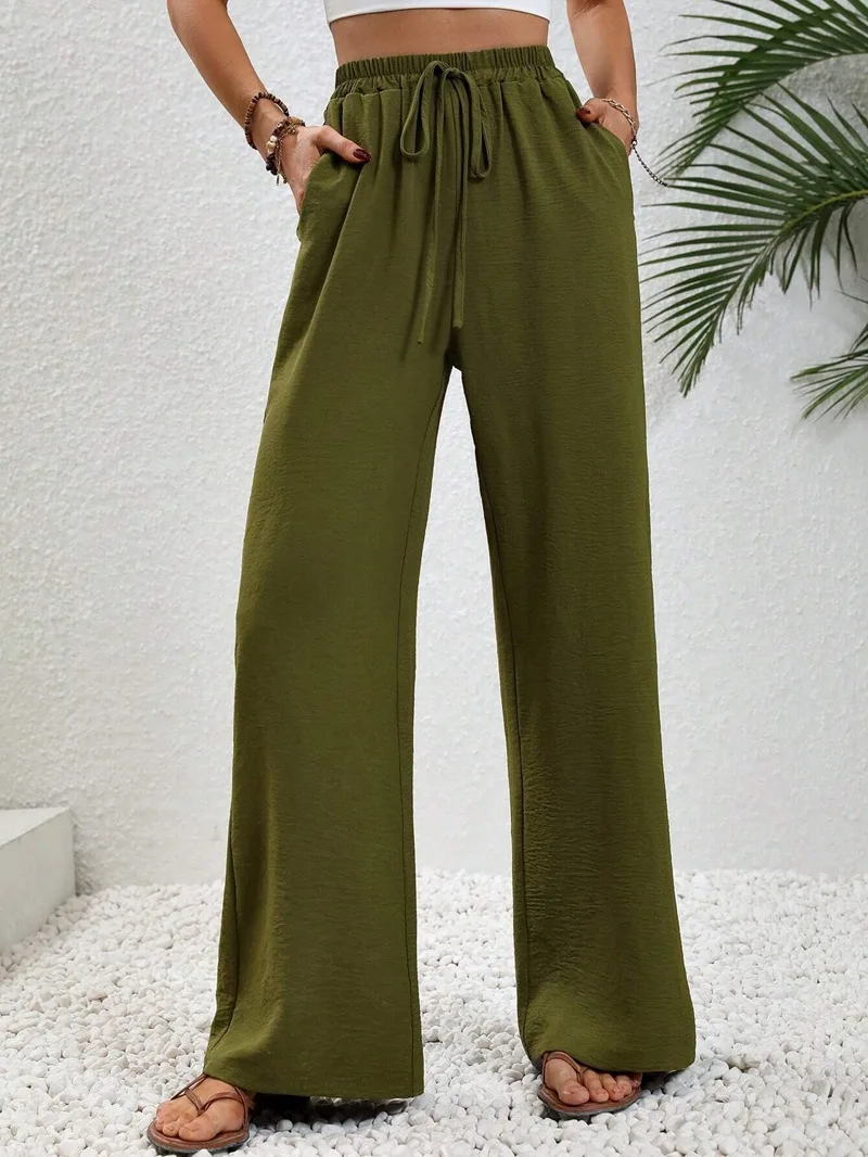 Women's Casual Lace Up Thigh Pants 2025 Spring Summer New Solid Color Floor Sweeping Wide Leg Trousers Pocket Long Khaki Pant