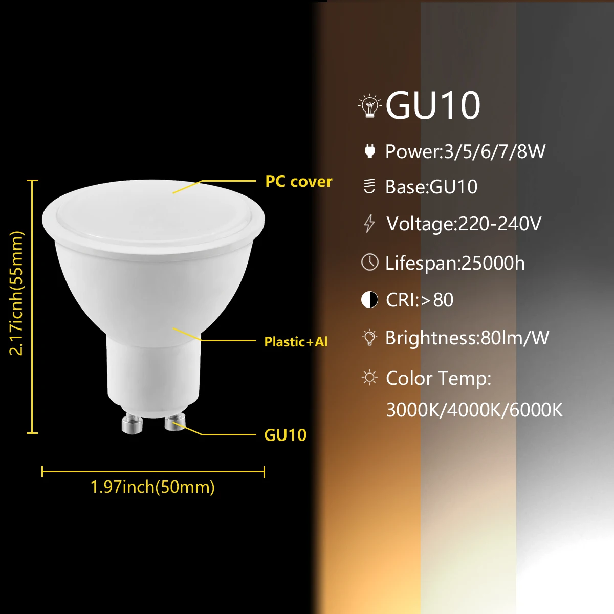 Foco estroboscópico DE ALTO lumen, foco de 3W-8W 8 piezas GU10 3000/4000/6000K, focos de 220V-240V, adecuado para cocina y baño