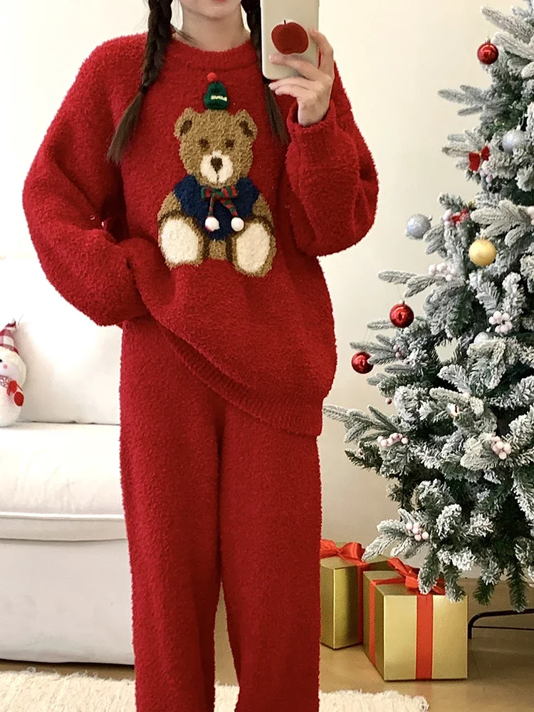 Christmas Cute Bear Red Pajama Sets Women\'s Winter Warm Sweet Round Collar Pullover Coral Fleece Loungewear Pink Fashion