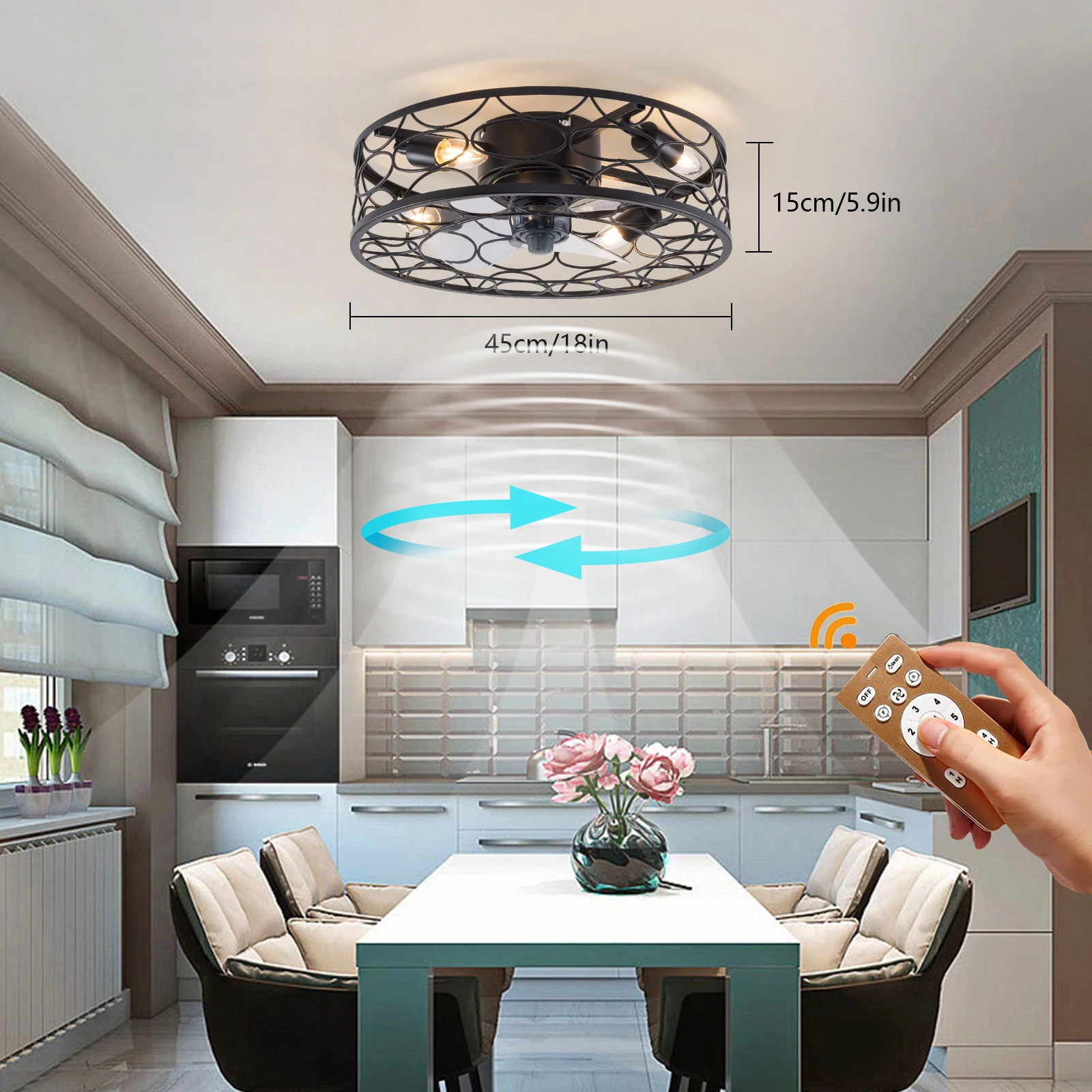 Ceiling Fan Light Ceiling Fan Light with Remote Control 3 Fan Blades Caged Ceiling Fan with Light for Reading Room/Cafe/Store/Bar/Office/Lounge/Library/Club/Hotel