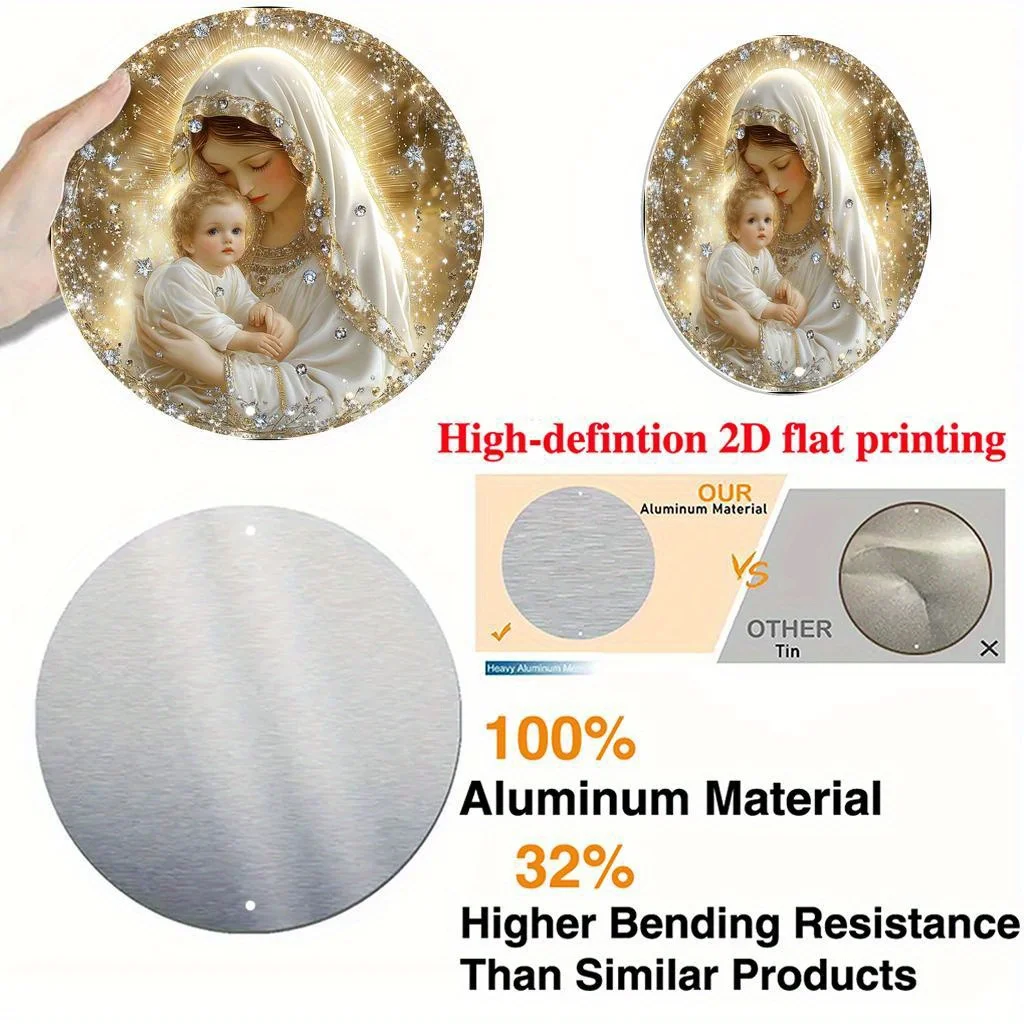 2D شقة، 1PC مريم العذراء والشباب موضوع جولة الألومنيوم علامة الديكور الفن، ديكور خمر، عالية الوضوح 2D الألومنيوم Sig