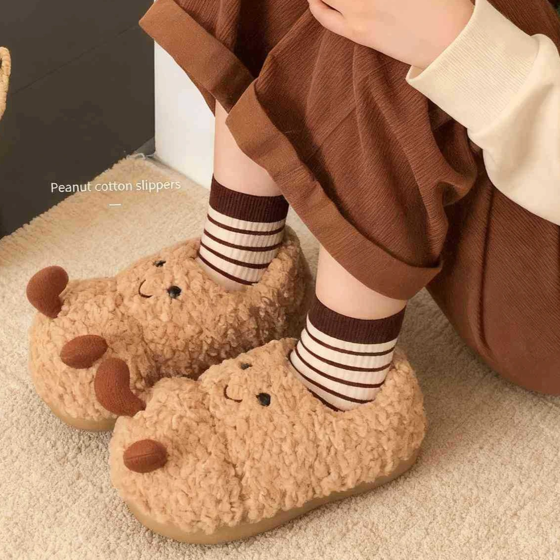 New Winter Women Cotton Slippers Cute Cartoon Peanut Slippers Warm Faux Fur New Year Festival Female Fluffy Cozy Indoor Shoes