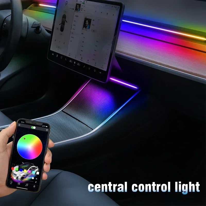 For Tesla Model 3 Y RGB Center Console Dashboard Wireless Charging Neon LED Light Strip Musical Rhythm USB Power APP Control