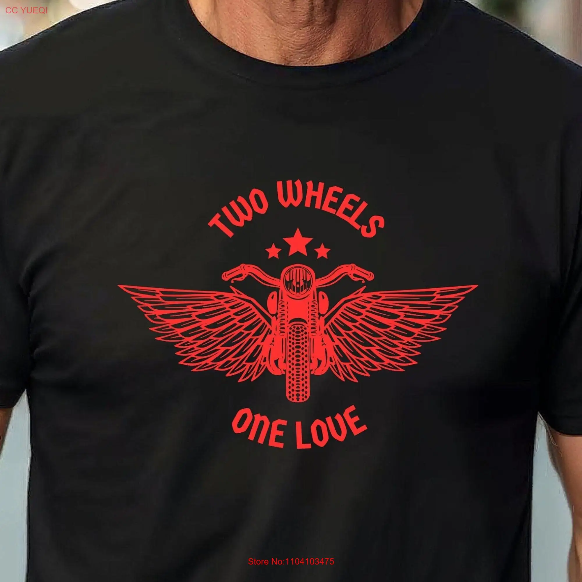 Two Wheels One Love T Shirt Bold Motorcycle and Wings Design for Bikers long or short sleeves