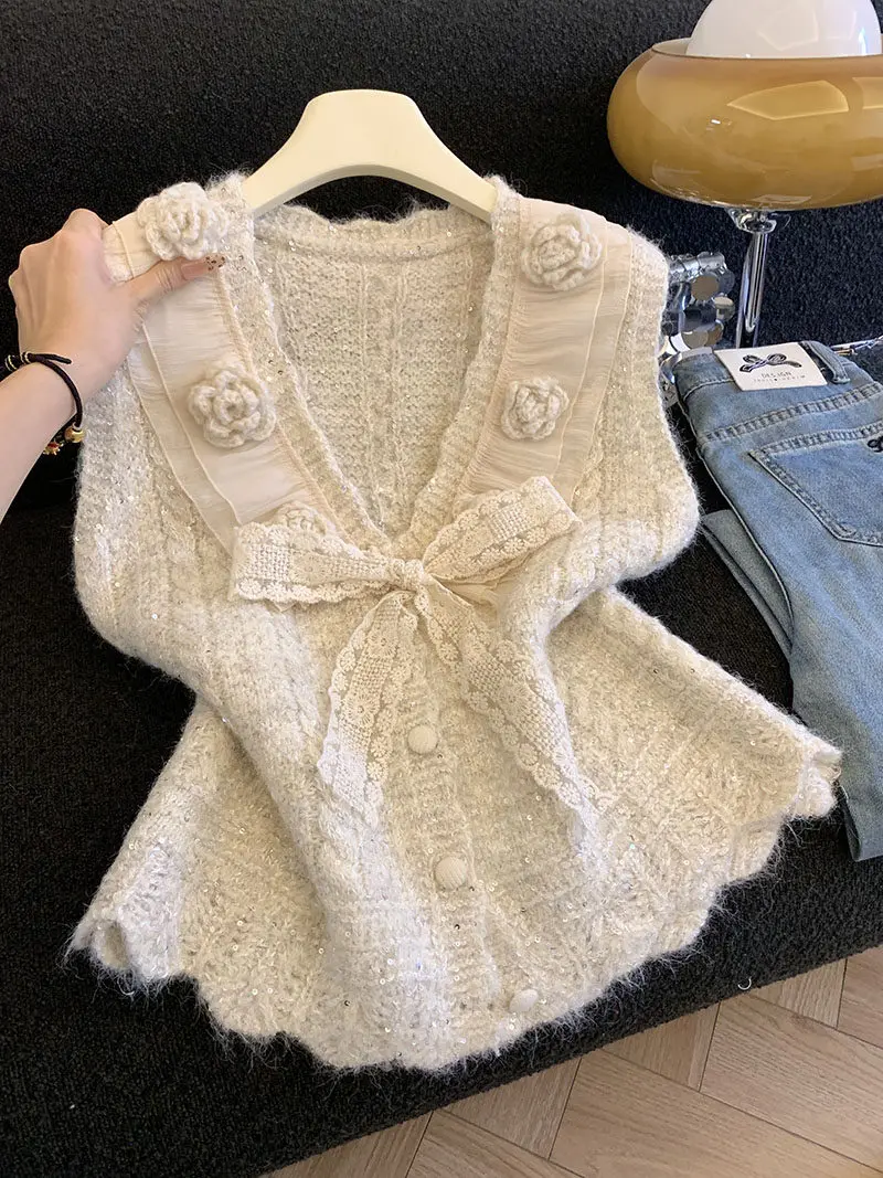 

Sweet Sle Knitted Lace Patchwork Sequin 3D Flower Vest Women's Layering High Waist Cardigan Casual Straight Size plus
