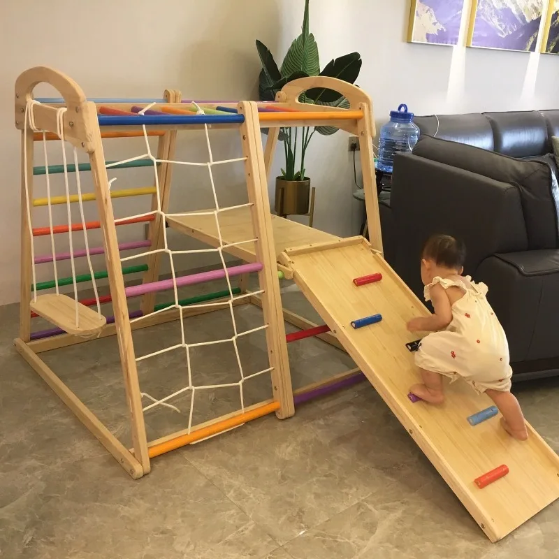 Compact Wooden Kids Slide Swing Ring Gym Indoor Mini Play Structure Easy Assembly Safety Guardrail for 1-4 Year Old Home Gift