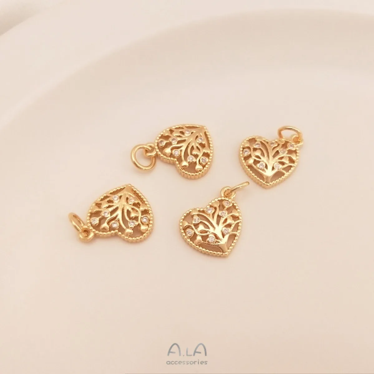Brass 14K Gold Plated Micro Pave CZ Tree of Life Heart Charms Pendant DIY Bracelet Necklace Jewelry Accessories