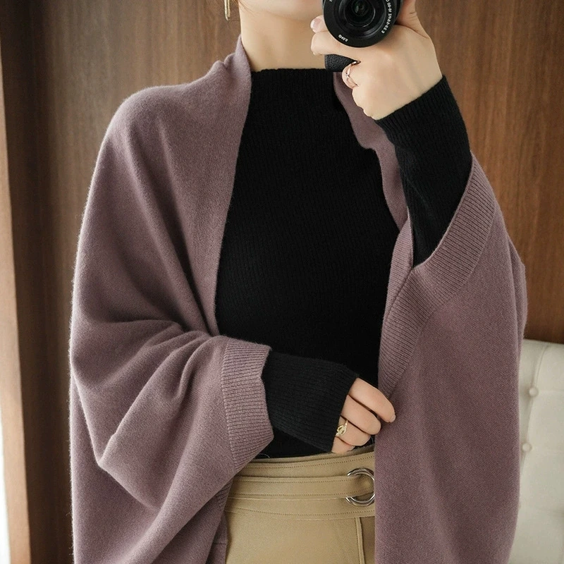 Elegant Loose Shawl Knitted Cardigan Women Fashion Streetwear Short Open Stitch Sweater Woman Solid Vintage Bat Sleeve Knitwear