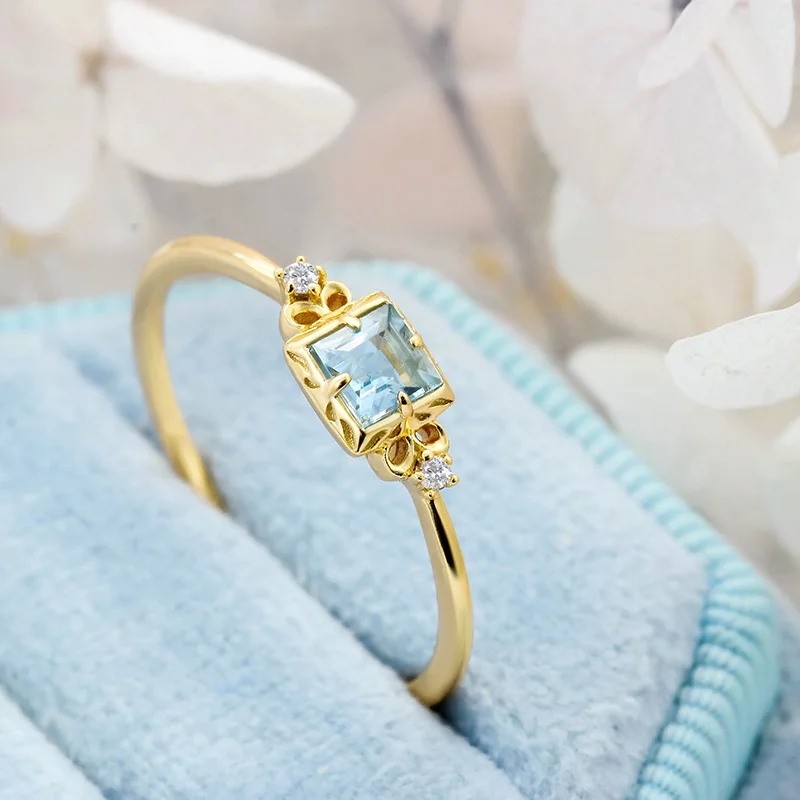 LAMOON Wedding Engagement Ring For Women Natural Aquamarine Gemstone Rings S925 Silver Gold Plated Fine Jewelry Exquisite Bijou