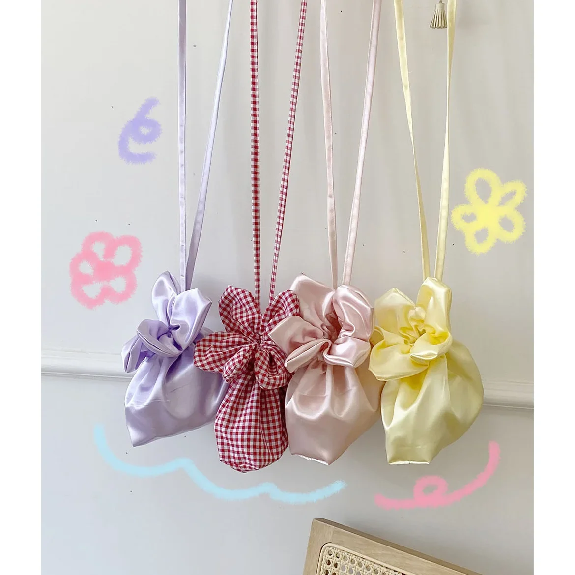 Retro Denim Women's Flower Phone Pouch Crossbody Bags Cute Plaid Plush Female Bucket Shoulder Bag Girls Clutch Storage Handbags