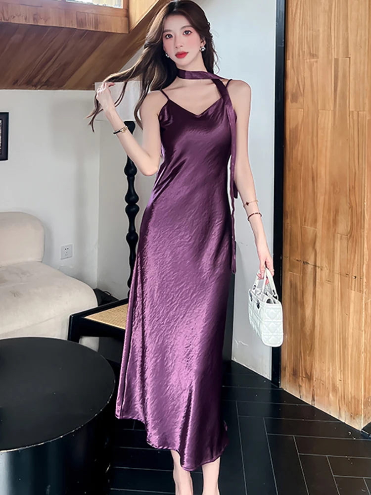 女性パープルサテンシックな V ネックセクシーなスリングロングドレス 2025 韓国ヴィンテージ高級イブニングドレス夏エレガントなボディコンパーティードレス