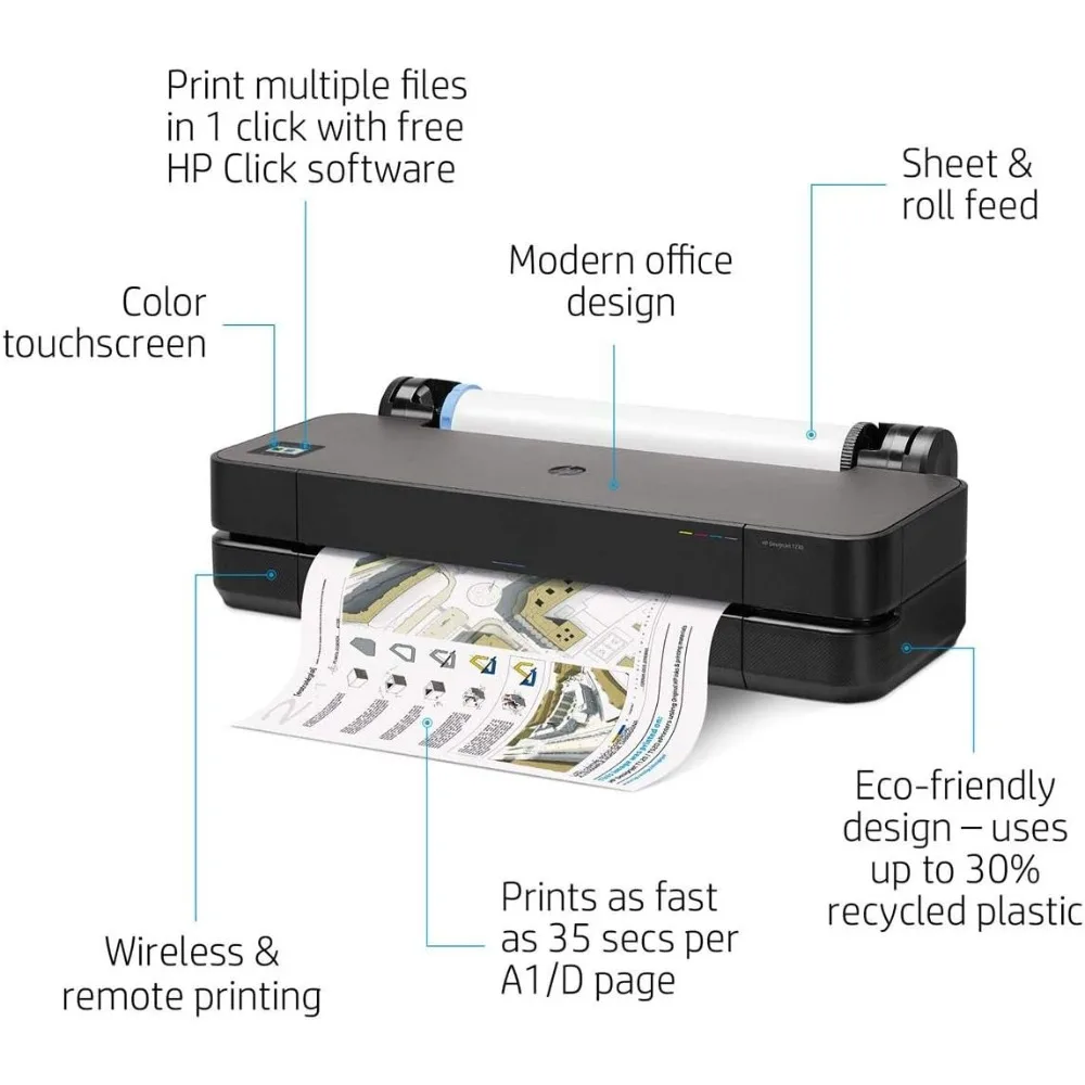 DesignJet T230 Large Format 24-inch Plotter Color Printer, Includes 2-Year Care Pack (5HB07H), Black