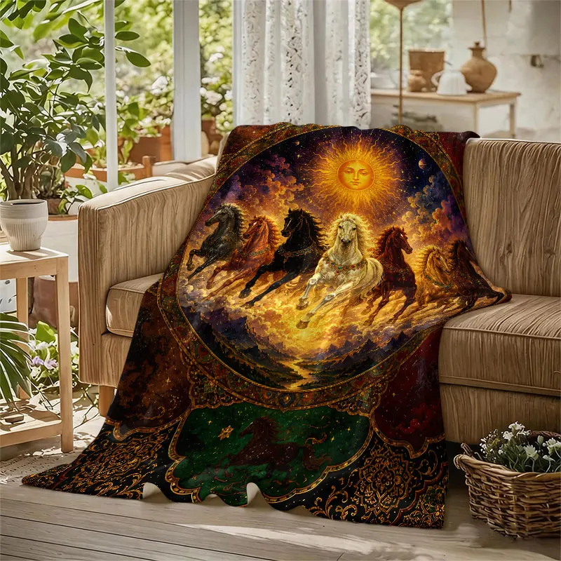 Mystic Sun Horses Tapestry Flannel Blanket Perfect for Sofa Office Bed Travel Sleep Read Relax Camping Four Season Use