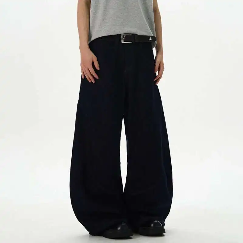 

Style Men's American Denim Pants Silhouette Solid Color Casual Machete Trousers Straight Wide Leg Loose Male Jeans JZB8